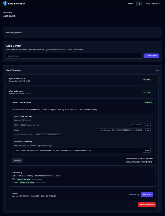 SafeSiteScan dashboard screenshot in dark mode