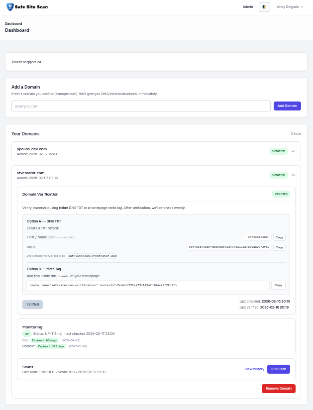 SafeSiteScan dashboard screenshot in light mode